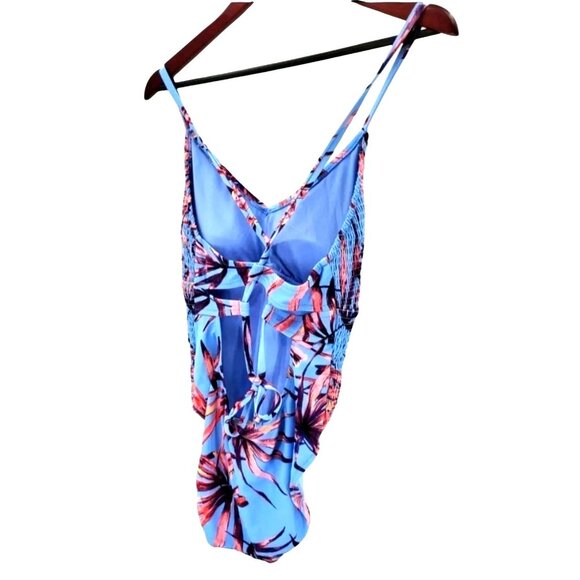Jessica Simpson S One-Piece Tropical Cross Back Smocked Swimwear V-neck Swimsuit - Picture 4 of 12